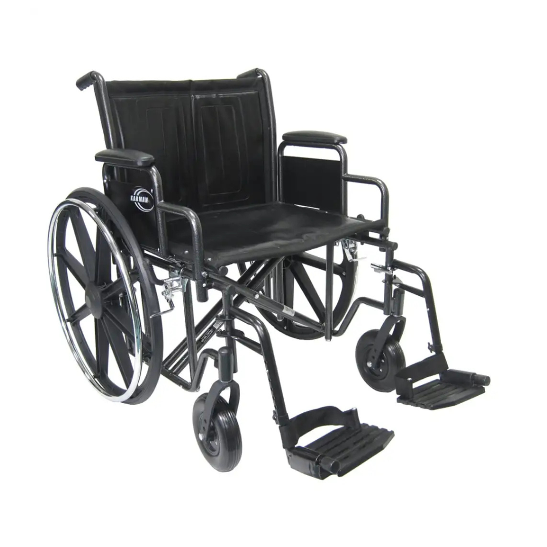 The Karman KN-900W Heavy Duty Bariatric Wheelchair, featuring a black durable steel frame, large rear wheels, small front casters, armrests, and footrests, is displayed on a white background.